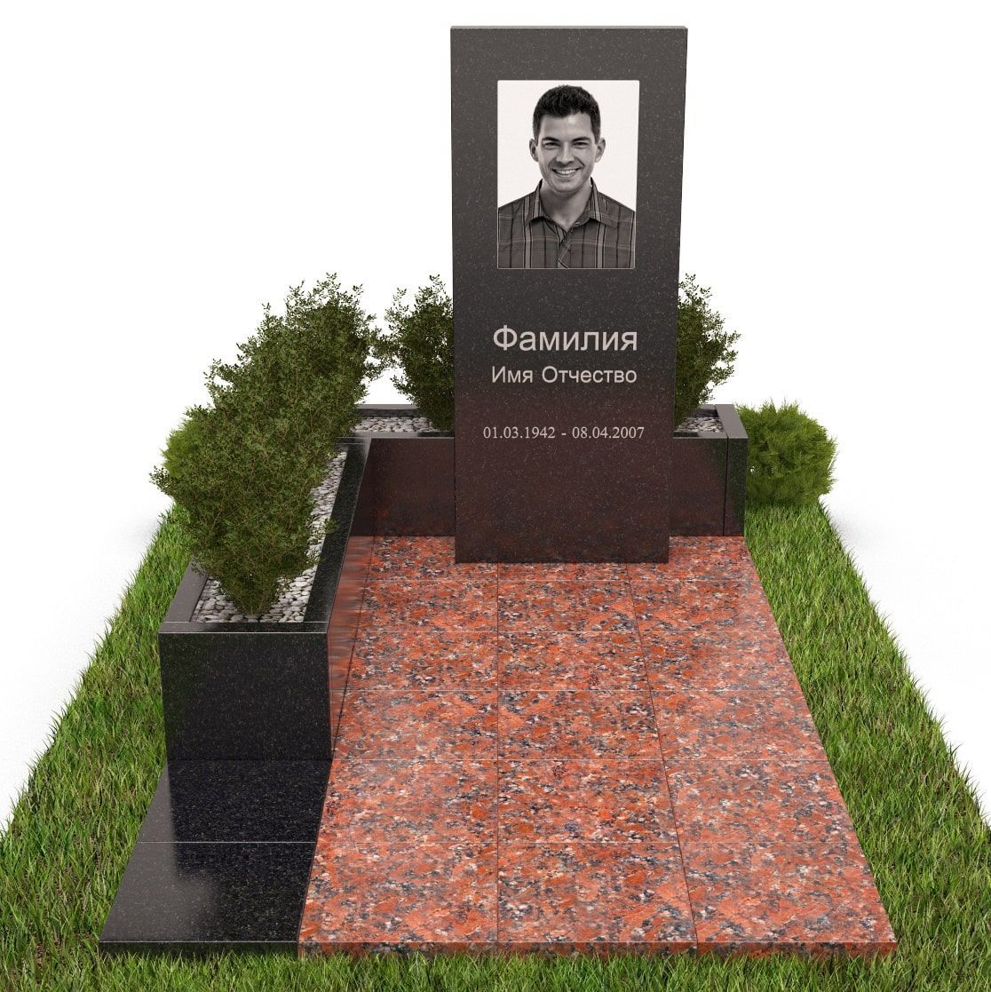 прямой памятник с надгробием и цветочницей