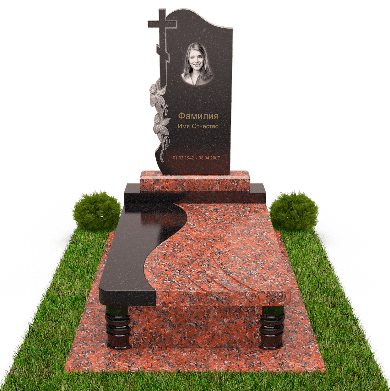 Памятник с цветами и декоративная надгробная плита