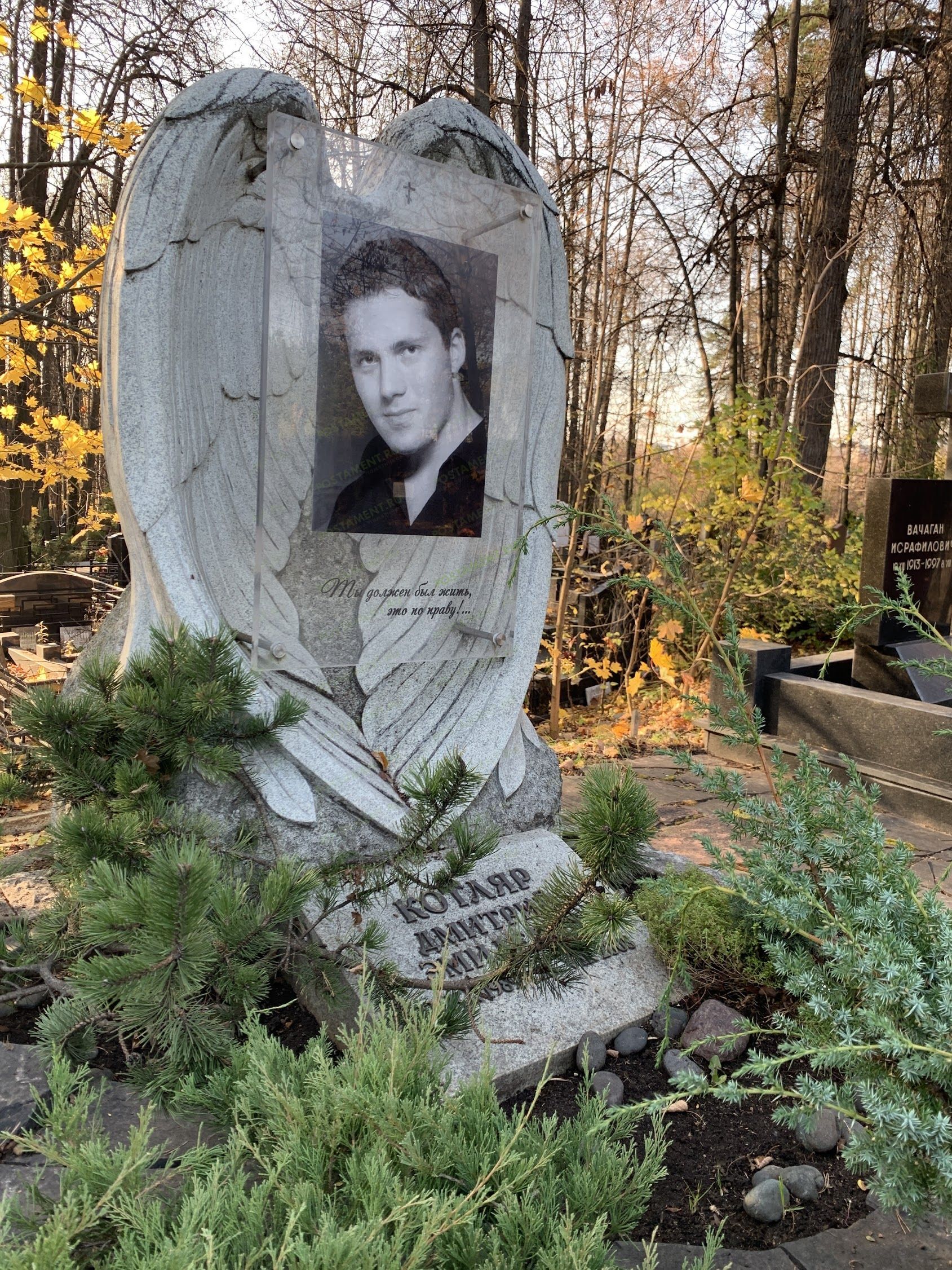 Памятник с крыльями из гранита и стеклом